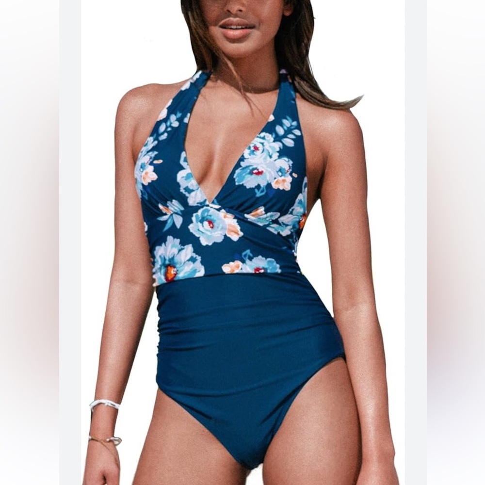 Women One Piece Swimsuit Tummy Control Bathing Suit Black-White‎ Ruched S